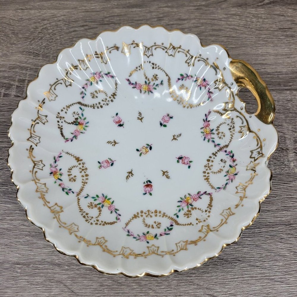 Vintage Arnart Crossed Arrows Rose Floral Gold Catchall Bowl Dish 7"